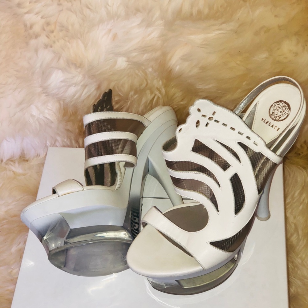VERSACE WHITE PLEXIGLASS PLATFORM SANDALS